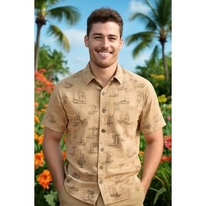 Scandia Woods‎ Mens XL Button Up Shirt Airplane Compass Boat Short Sleeve